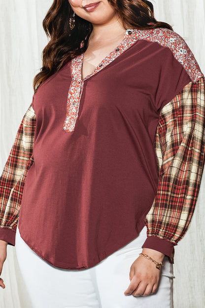 Crimson Dahlia Geometric Patchwork V-Neck Shift Top