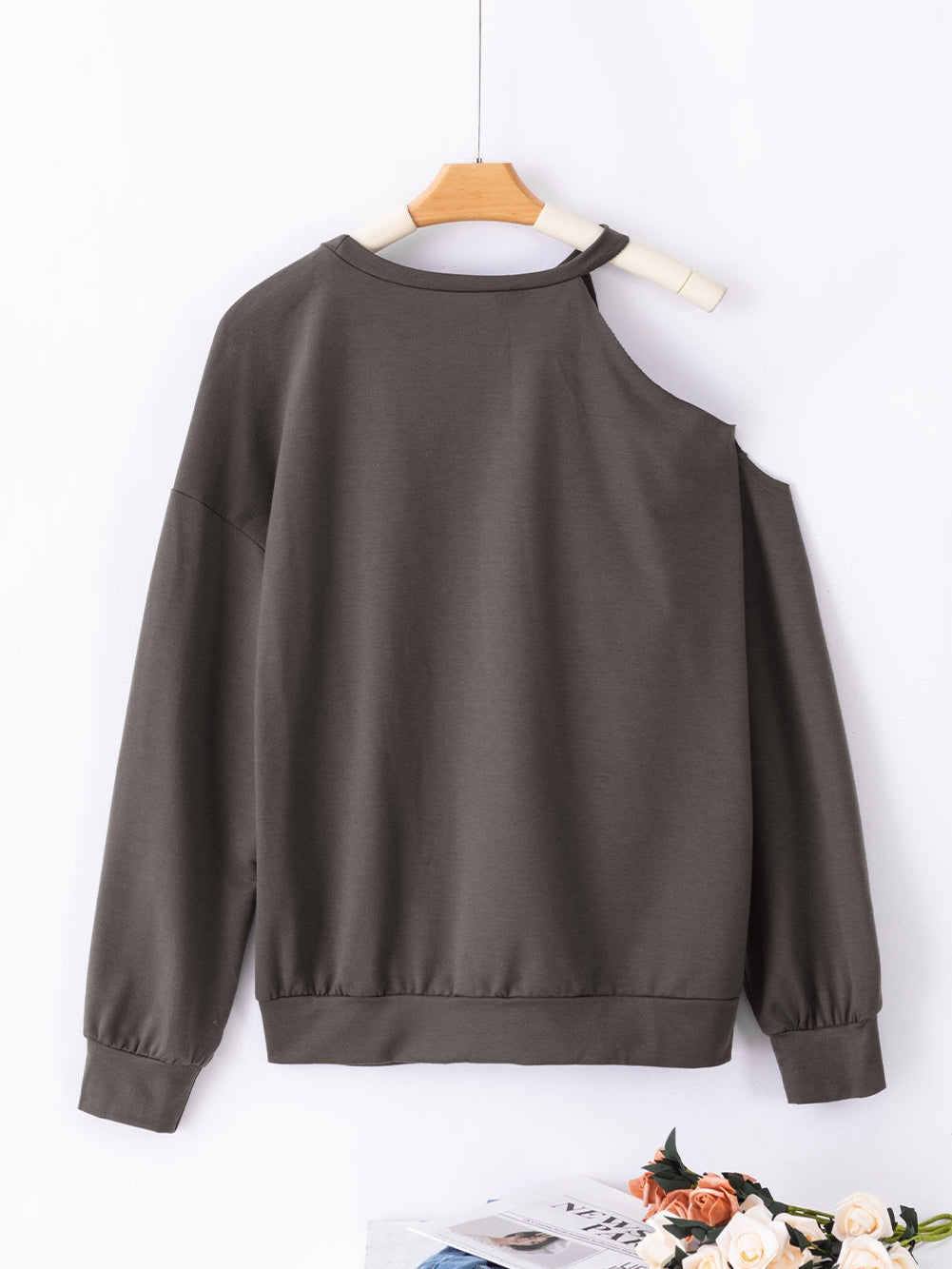 Grey Asymmetric Distressed Cold Shoulder Sweater