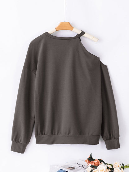 Grey Asymmetric Distressed Cold Shoulder Sweater