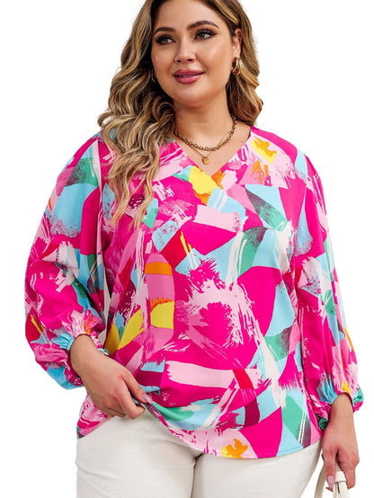 Vibrant Pink Graffiti Print Plus Size Blouse with Puff Sleeves