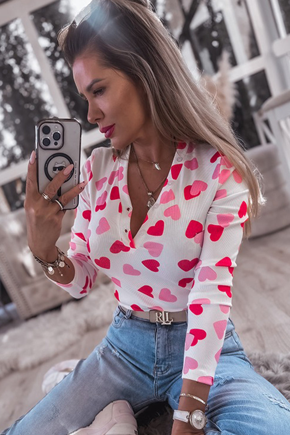 Pink Valentine Heart Print Buttoned Neckline Textured Fitted Long Sleeve Top