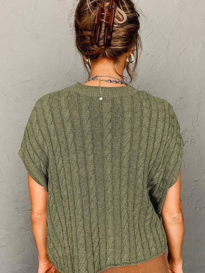 Green Jungle Cable Knit Short Sleeve Sweater with Crew Neck
