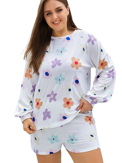 Floral Print Plus Size White Raglan Pullover and Shorts Set