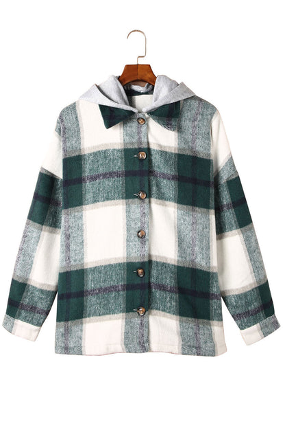 Green Plaid Hooded Button-Up Shacket