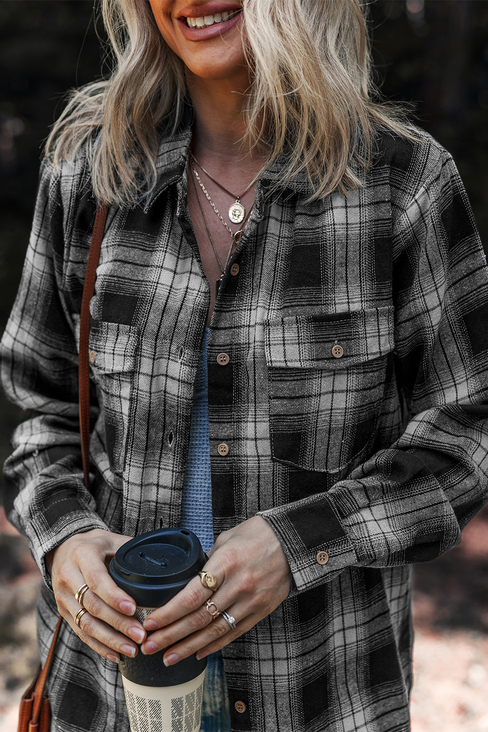 White Retro Plaid Double Flap Pocket Brushed Shacket