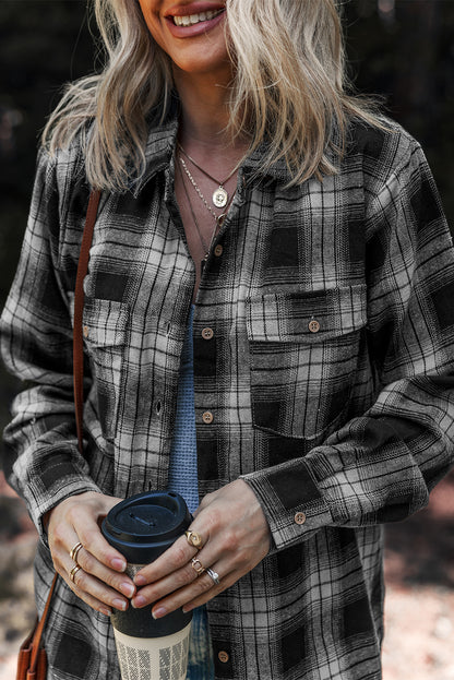 White Retro Plaid Double Flap Pocket Brushed Shacket