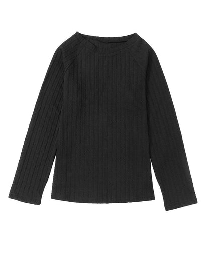 Elegant Black Ribbed Round Neck Long Sleeve Top