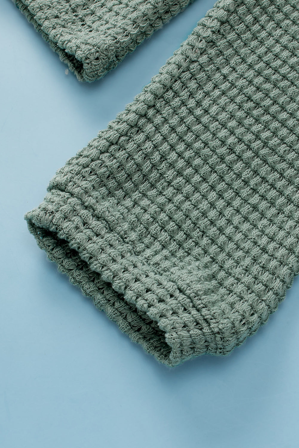 Green Leopard Waffle Knit V-Neck Blouse with Button Details