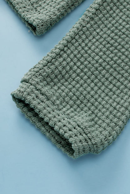 Green Leopard Waffle Knit V-Neck Blouse with Button Details