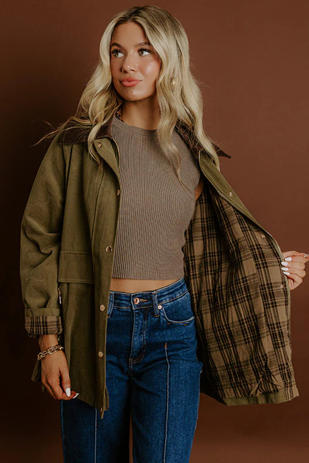 Moss Green Color Block Collar Patchwork Contrasted Leopard Liner Utility Jacket