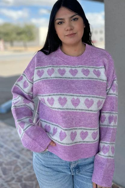 Purple Heart Print Striped Color Block Knit Loose Sweater