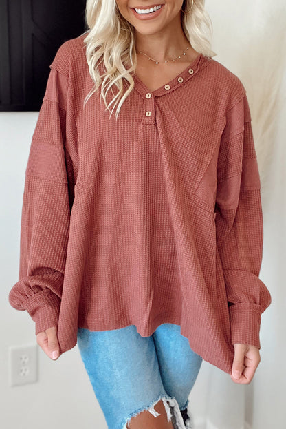 Mineral Red Waffle Patch Buttoned Neckline Long Sleeve Top