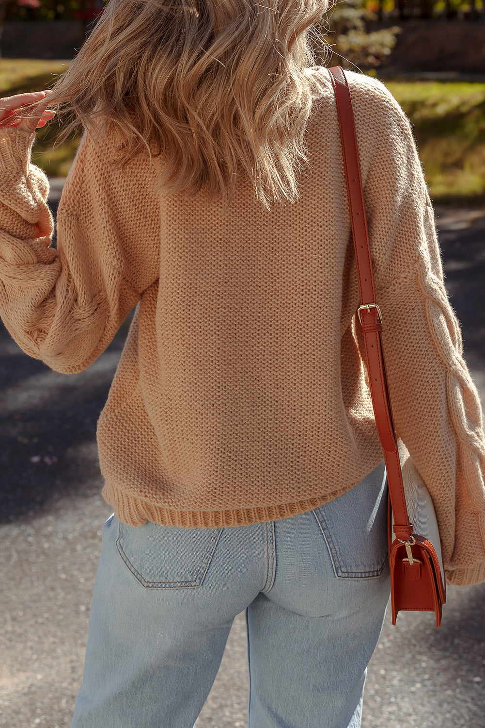 Camel Flower Crochet Cable Knit Drop Sleeve Sweater