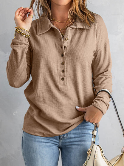 Elegant Khaki Knit Top with Chic Turn-down Neck