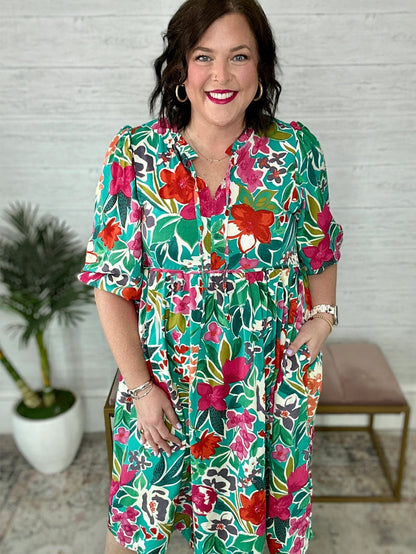 Sky Blue Plus Size Flower Pattern Puff Sleeve Bow Tie Babydoll Dress