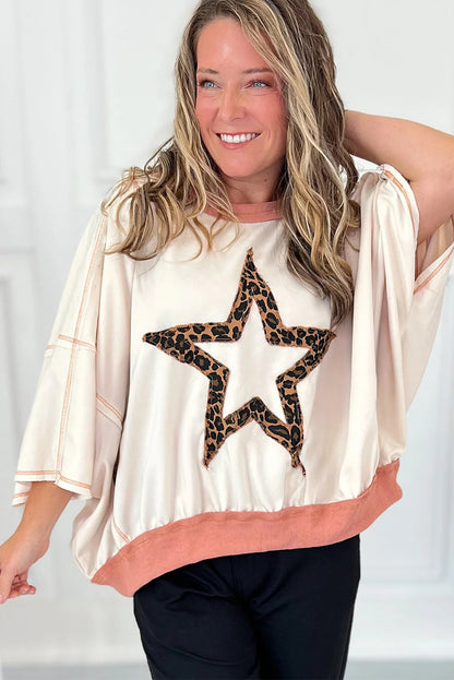 White Contrast Ribbed Exposed Seam Patchwork Leopard Star Oversize Top