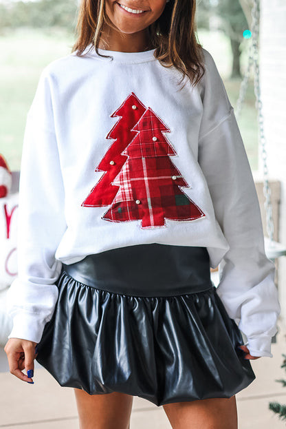 White Pearl Detail Christmas Trees Exposed Seam Patched Sweatshirt