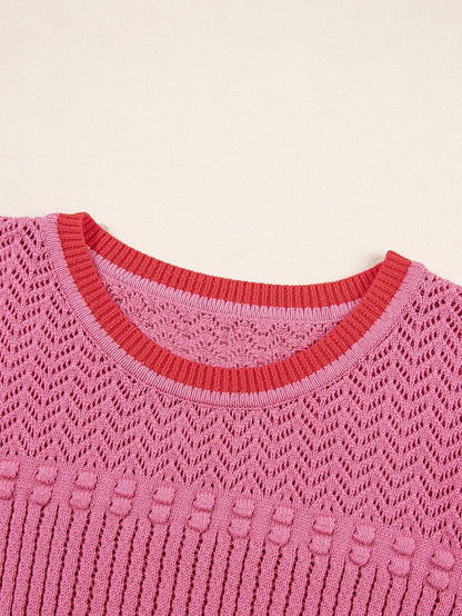 Rose Red Ruffled Contrast Trim Plus Size Short Sleeve Sweater