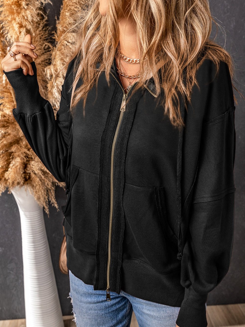 Black Exposed Seam Zip-Up Hooded Jacket