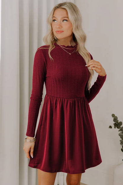 Red Dahlia Frilled Neck Ribbed Knit Patchwork Long Sleeve Mini Dress