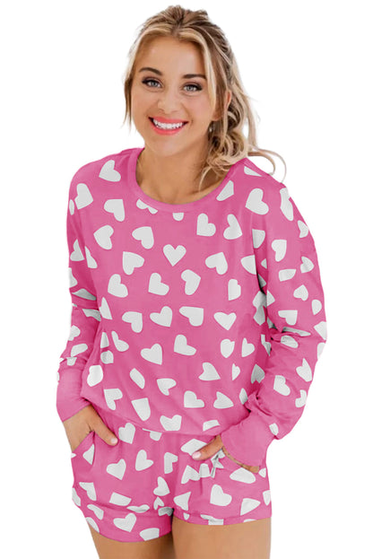 Heartfelt Pink Valentine's Day Lounge Set with Heart Print Top and Shorts