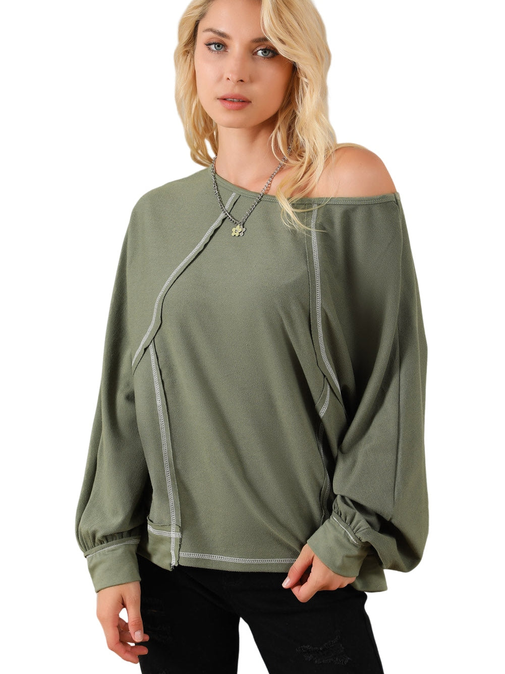 Green Exposed Stitch Detail Dolman Sleeve Patchwork Blouse