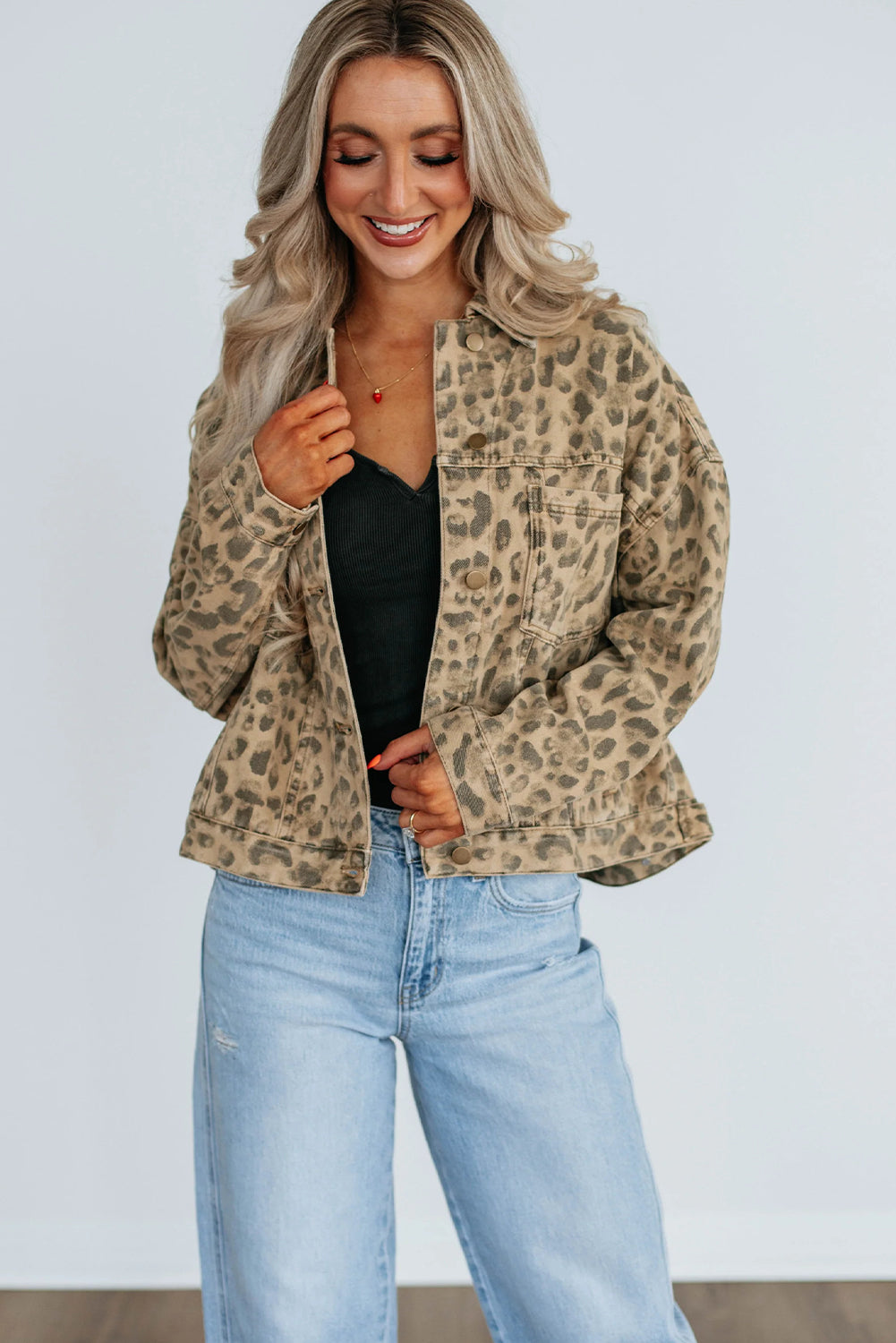 Khaki Retro Leopard Print Seam Detail Button Down Denim Jacket