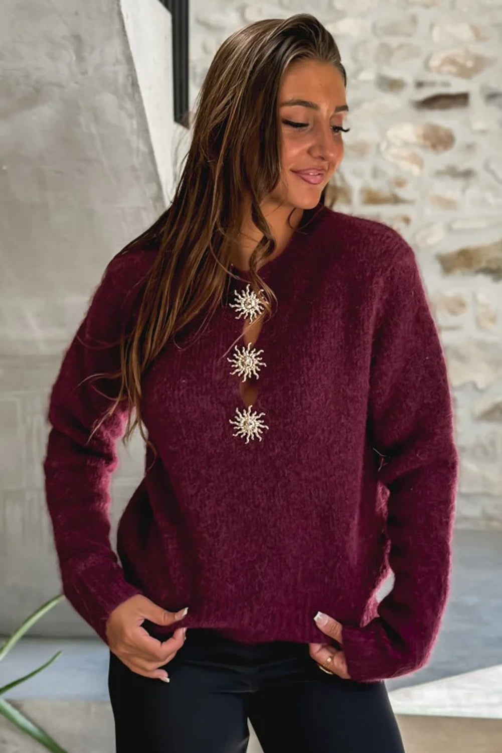 Red Dahlia Solar Button Neck Womens Casual Sweater