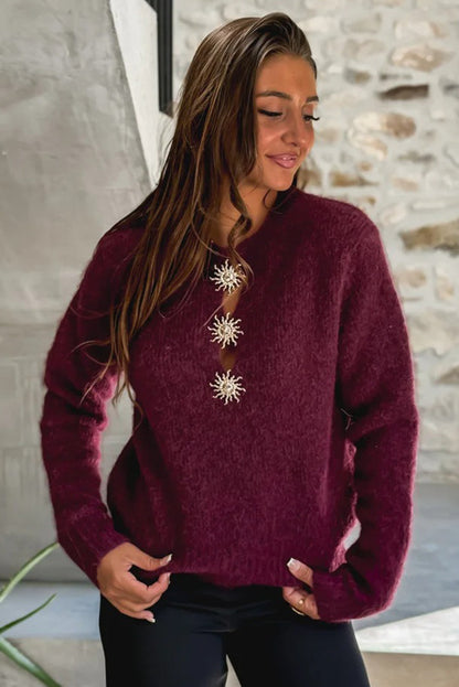 Red Dahlia Solar Button Neck Womens Casual Sweater