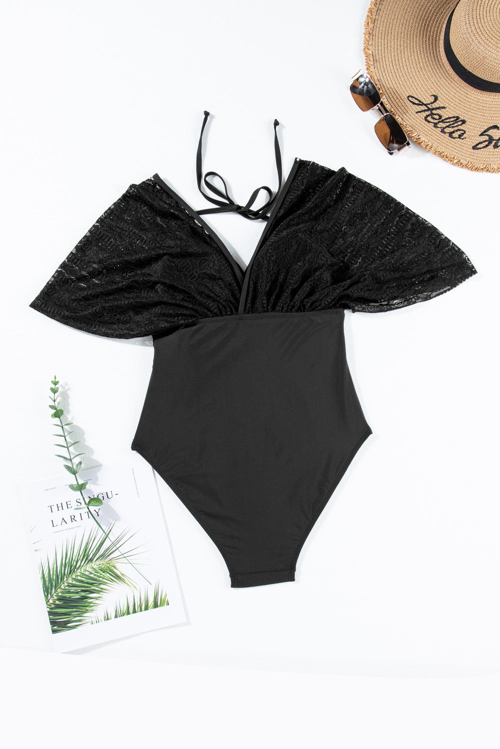 Elegant Black Lace Patchwork Halter Neck Monokini with Surplice Neck