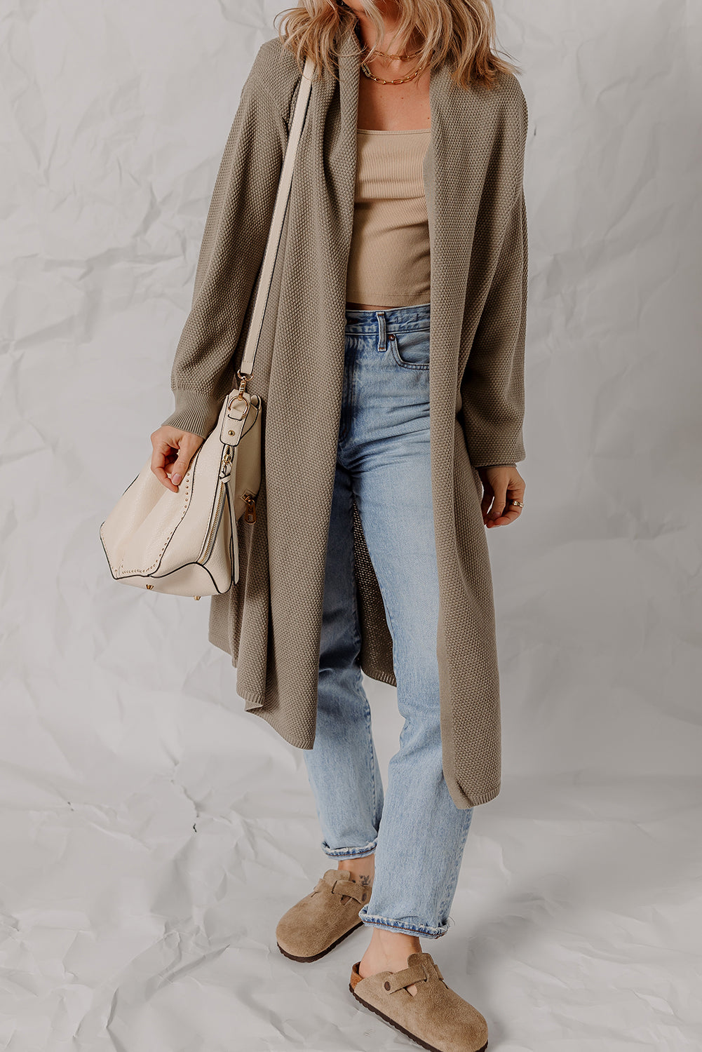 DUNE Solid Color Textured Knit Open Front Oversize Midi Sweater Cardigan