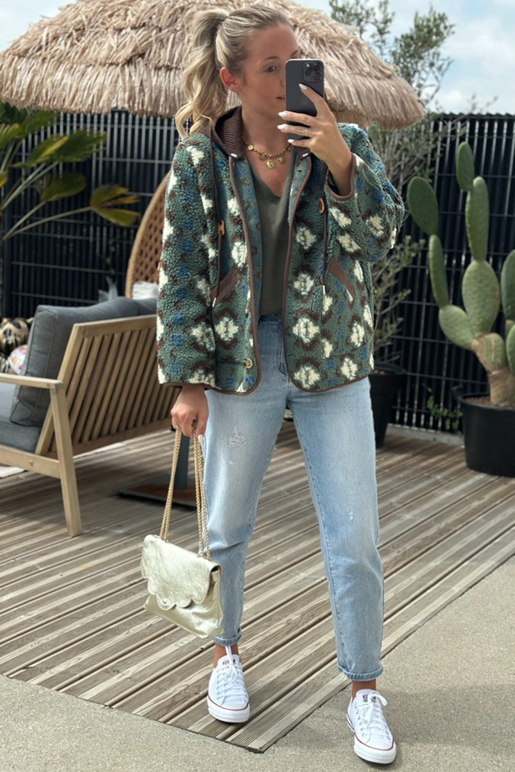 Green Western Plush Contrast Hood Patchwork Button Down Jacket