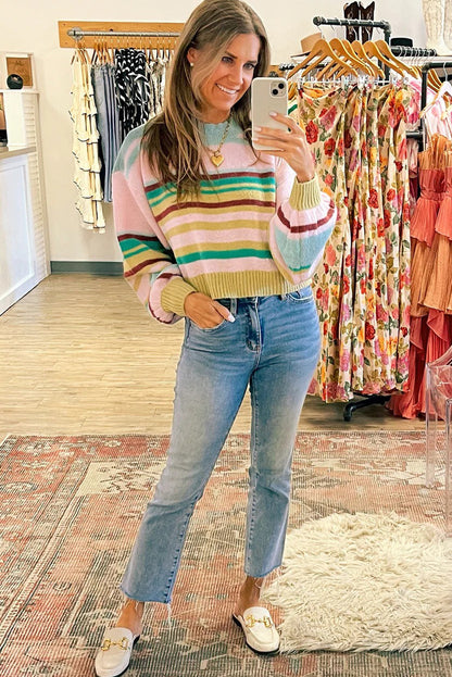 Multicolour Striped Knit Ribbed Trim Cropped Baggy Sweater