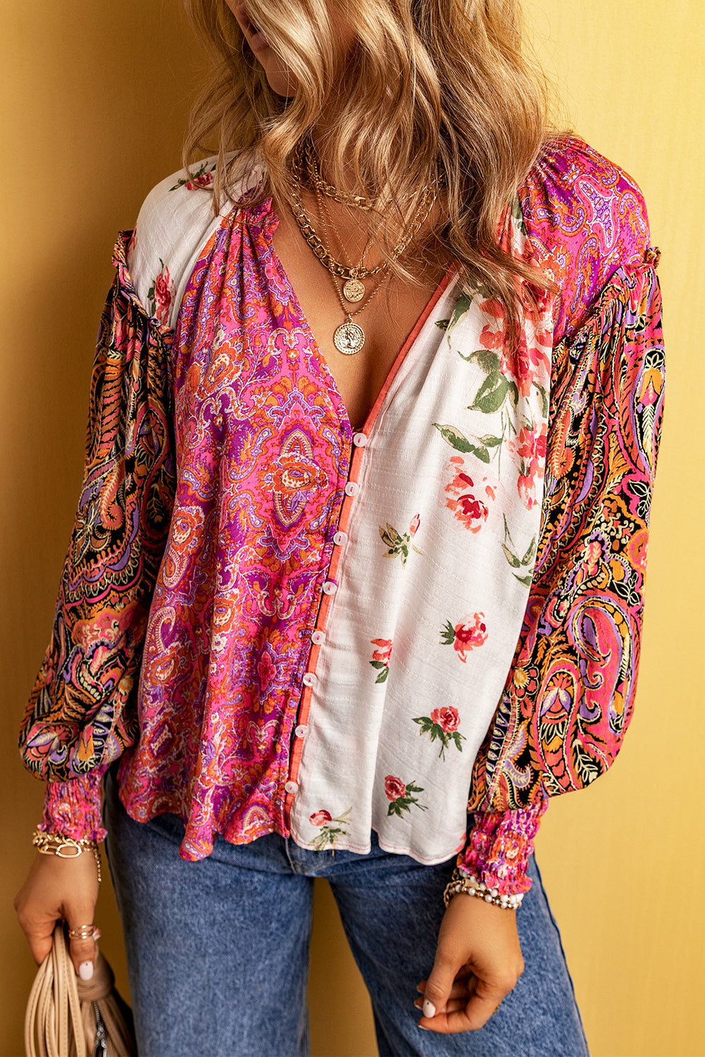 Pink Floral Print V-Neck Button-Up Blouse with Shirred Cuffs