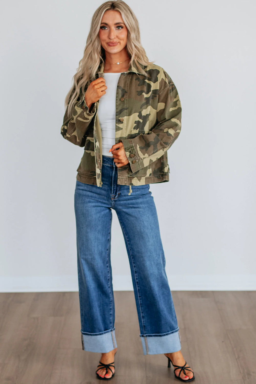 Green Retro Camouflage Print Flap Pocket Button Down Denim Jacket