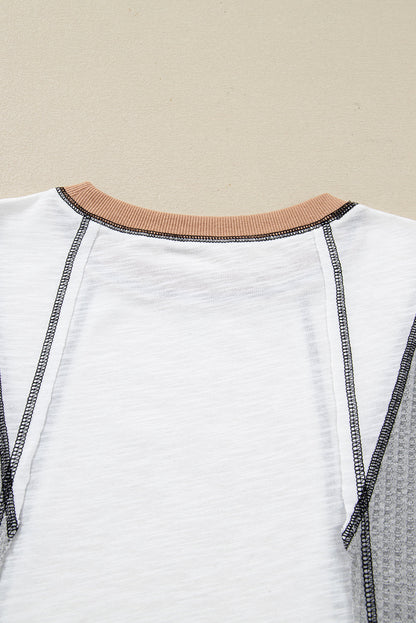 White Contrast Block Mixed Textured Knit Patchwork Casual Top
