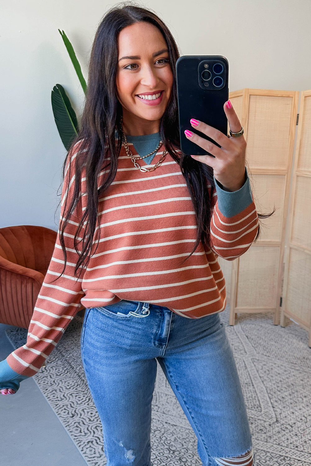 Orange Stripe Ribbed Color Block Detail Drop Shoulder Sweater