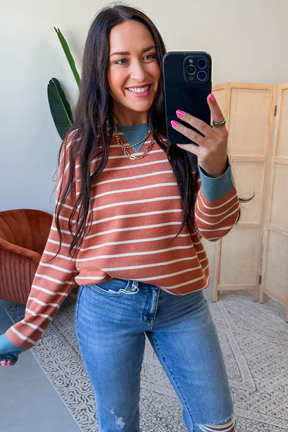 Orange Stripe Ribbed Color Block Detail Drop Shoulder Sweater