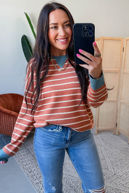 Orange Stripe Ribbed Color Block Detail Drop Shoulder Sweater