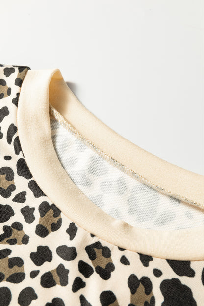 Brown Leopard Print Contrast Trim Long Sleeve Pullover Drawstring Shorts 2pcs Outfit