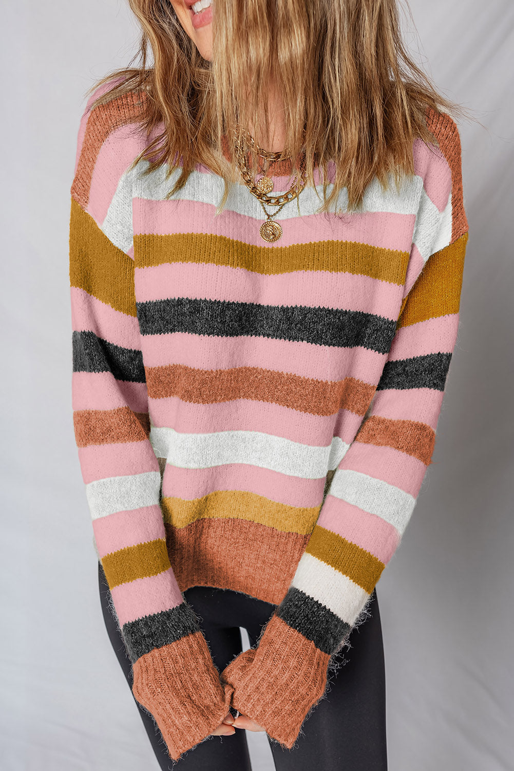 Pink Stripe Drop Shoulder Crew Neck Sweater