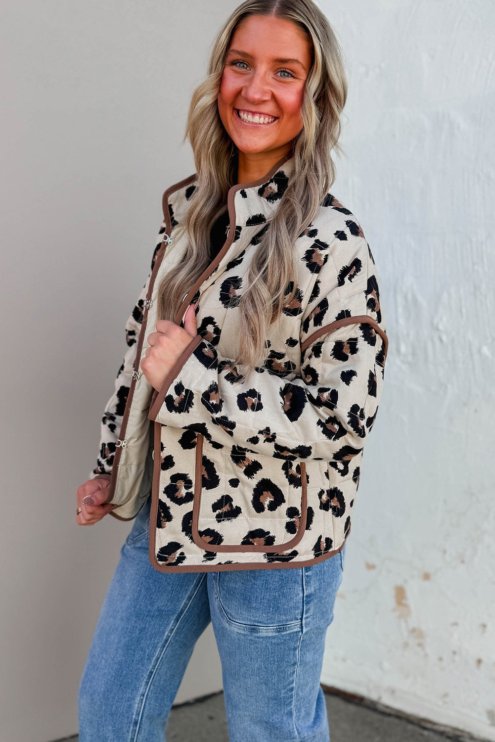 Khaki Leopard Quilted Contrast Trim Winter Jacket