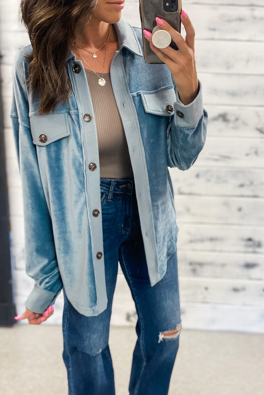 Dusk Blue Velvet Flap Pockets Drop Shoulder Casual Shacket