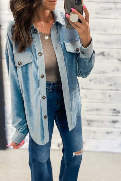 Dusk Blue Velvet Flap Pockets Drop Shoulder Casual Shacket