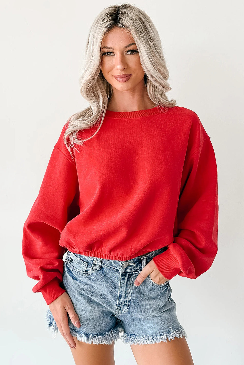 Fiery Red Cropped Elastic Hemline Drop Shoulder Solid Sweatshirt