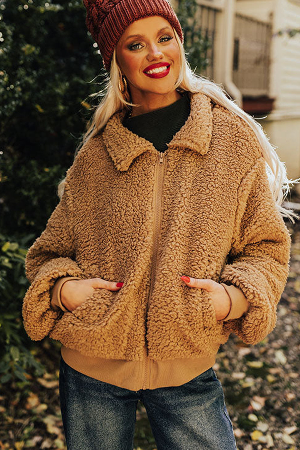 Light French Beige Collar Zip Up Pocketed Sherpa Jacket