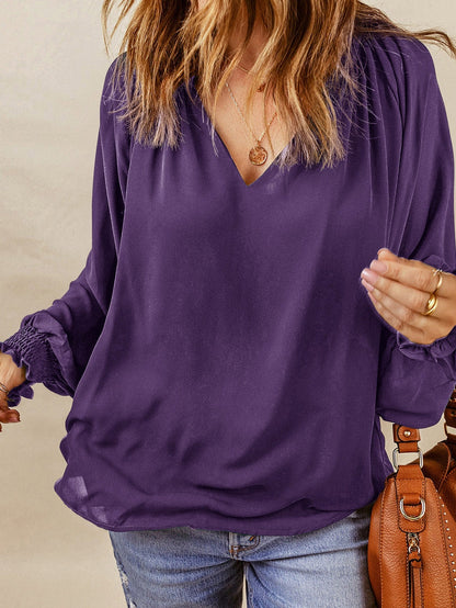 Elegant Purple Pleated V Neck Blouse with Puffy Sleeves