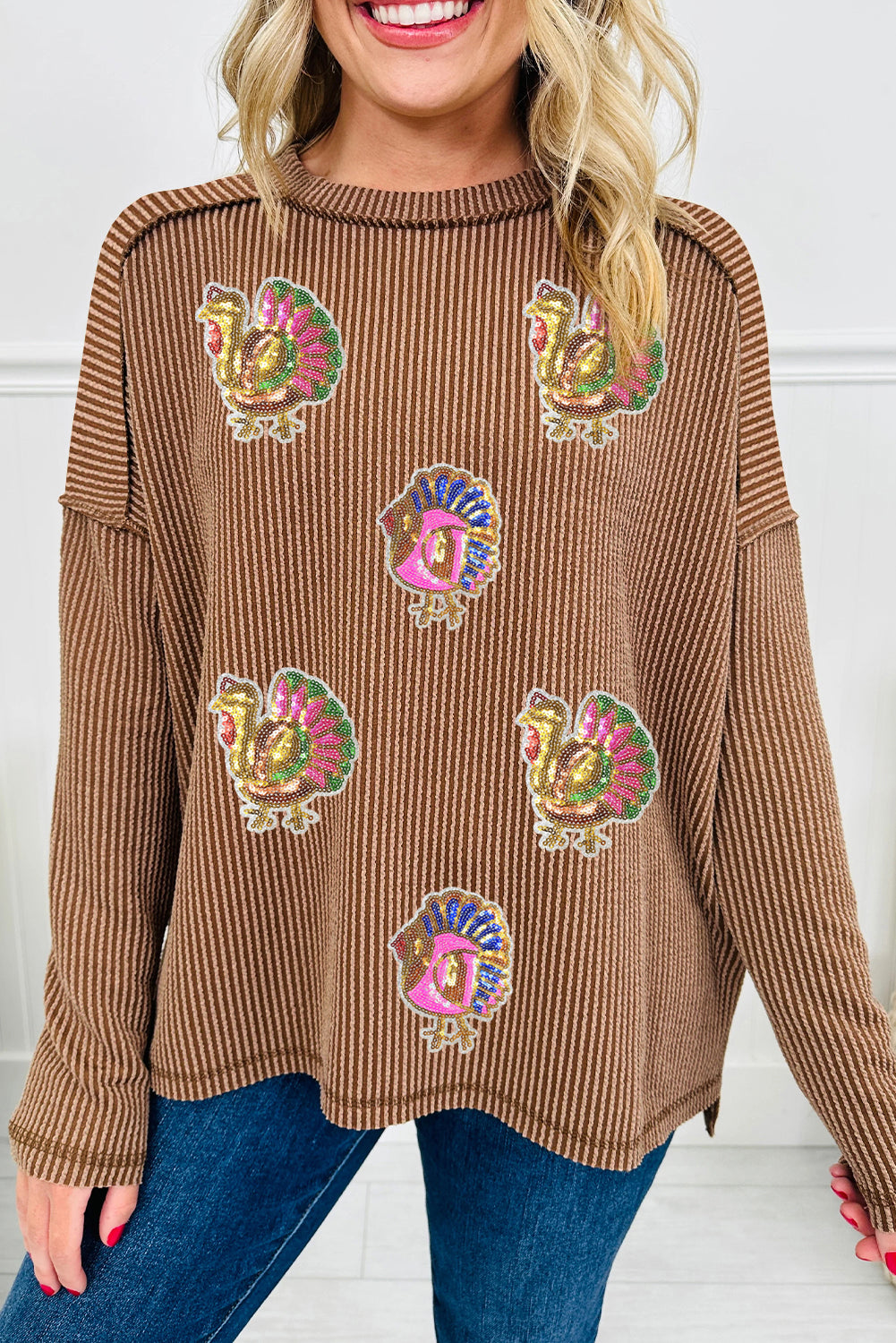 Dark Khaki Sequin Thanksgiving Turkey Patched Twisted Ribbed Exposed Seam Drop Shoulder Top