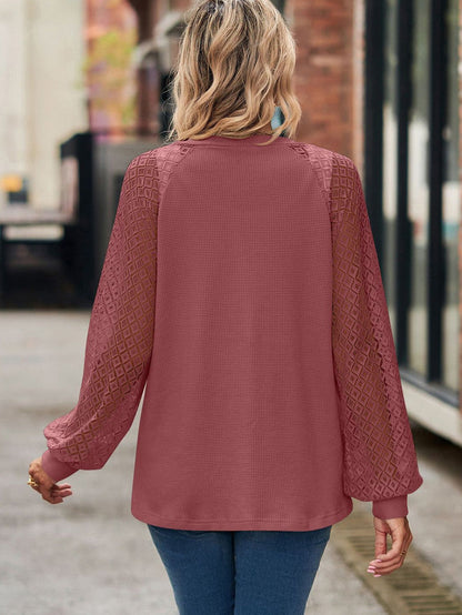 Lacy Waffle Knit Button-Up Cardigan with Long Sleeves