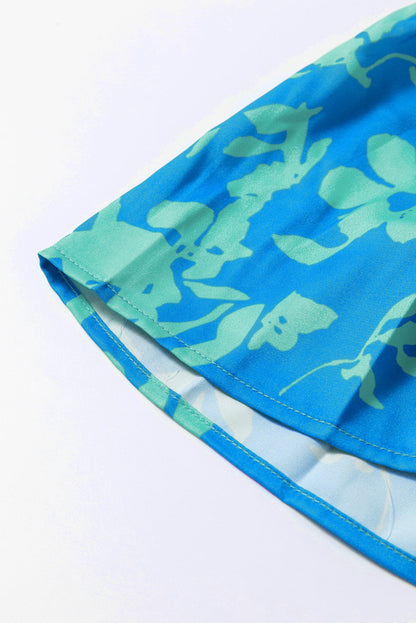 Sky Blue Floral Print Plus Size Flutter Sleeve Mini Dress with Button Detail